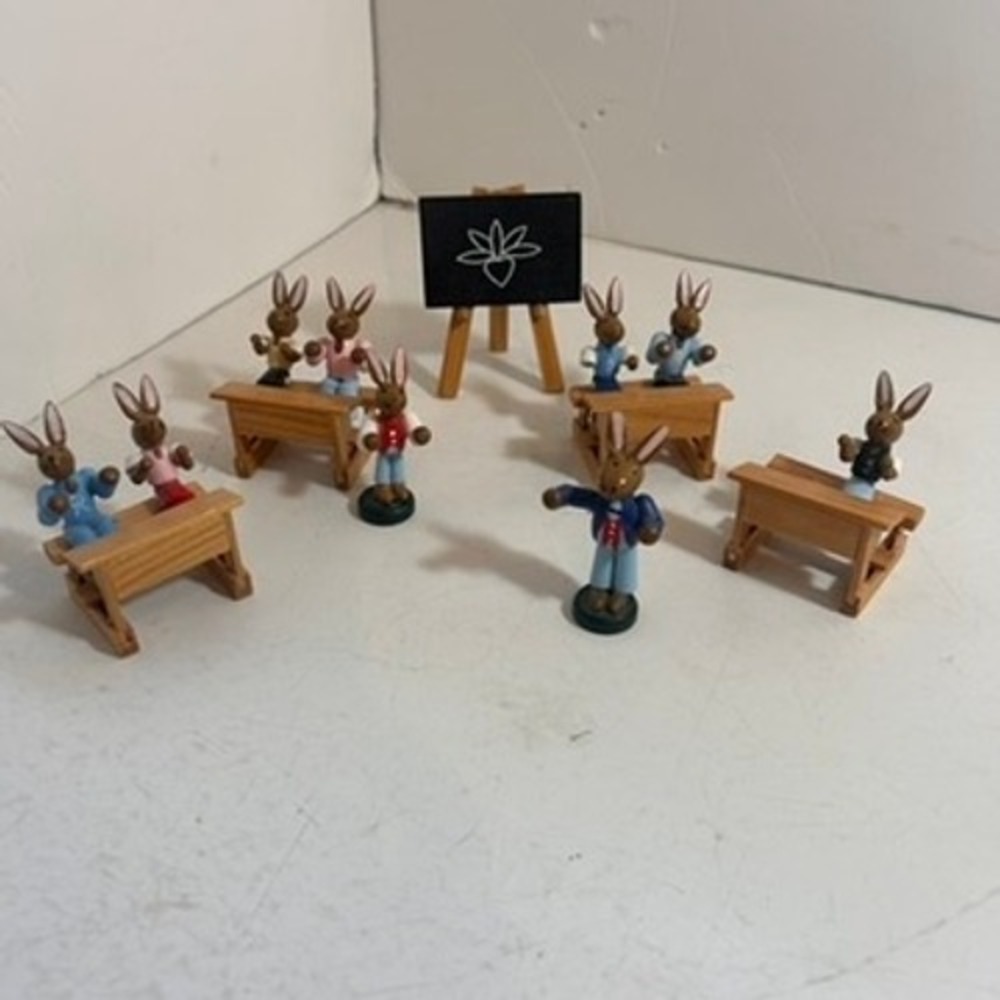 Vintage Erzgebirge‎ Wooden Bunny School Classroom Set German Folk Art Easter
